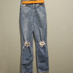 Willow And Root From Bucklr Stylish Blue Distressed Women's Straight Leg Jeans